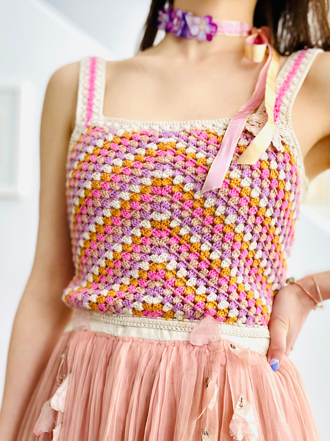 Lovely pastel pink crochet lace cropped top