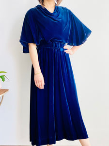 1930s Royal Blue Velvet Dress w Belt Flared Sleeves Caplet
