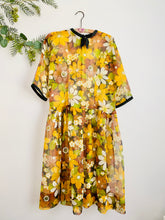 Load image into Gallery viewer, 1950s Semi Sheer Yellow Daisy Print Dress Ribbon Neckline
