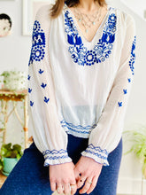 Load image into Gallery viewer, Vintage 1930s Hungarian top blue embroidered cotton peasant blouse
