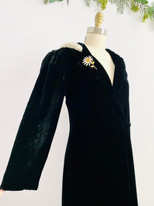 Vintage 1930s Black Fur Hooded Velvet Opera Coat Full Length