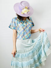 Load image into Gallery viewer, Vintage 1950s pastel blue plaid top w ribbon bow
