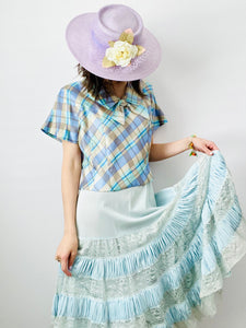Vintage 1950s pastel blue plaid top w ribbon bow