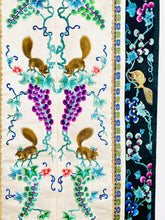 Load image into Gallery viewer, Vintage Chinese Embroidered Art with Pastel Colored Grape Vines and Squirrels
