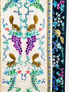 Vintage Chinese Embroidered Art with Pastel Colored Grape Vines and Squirrels