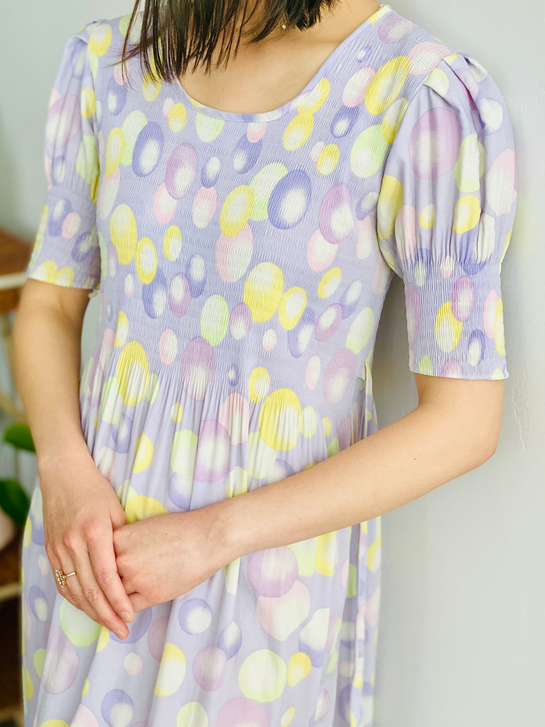 Vintage Pastel Lavender Color Novelty Print Dress w Puff Sleeves