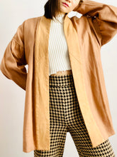 Load image into Gallery viewer, Vintage 1960s caramel color linen leather duster w ruched dolman sleeves
