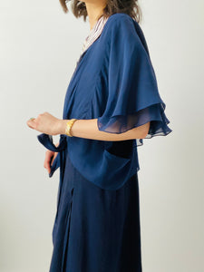 Vintage 1930s navy blue silk top w ribbon ties