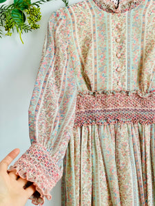 Vintage 1970s ruched floral maxi cotton dress