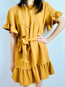 Mustard color ruffled mini dress w ribbon bow