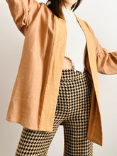 Load image into Gallery viewer, Vintage 1960s caramel color linen leather duster w ruched dolman sleeves
