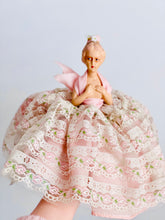 Load image into Gallery viewer, Vintage 1930s half doll pincushion with pink lace skirt
