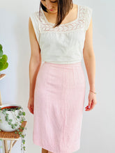 Load image into Gallery viewer, model wearing a 1910s lace top and 1940s pink linen skirt
