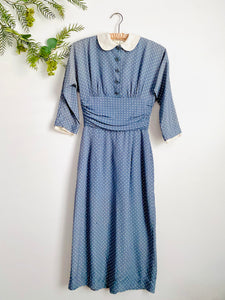 Vintage 1960s Blue Polka Dots Dress w Peter Pan Collar