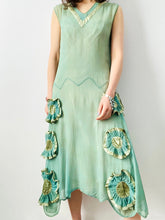 Load image into Gallery viewer, Vintage 1920s green silk dress with ruched velvet flowers
