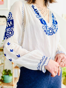 Vintage 1930s Hungarian top blue embroidered cotton peasant blouse