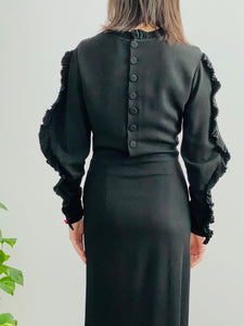 Vintage 1940s Black Rayon Crepe Dress w Dolman sleeves