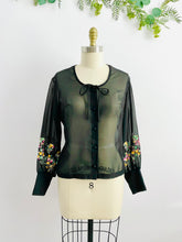 Load image into Gallery viewer, Vintage 1970s semi sheer blouse with embroidered sleeves
