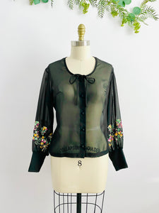 Vintage 1970s semi sheer blouse with embroidered sleeves
