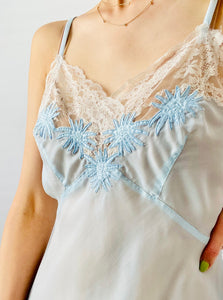 Vintage 1940s pastel blue embroidered lingerie lace slip