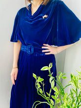 Load image into Gallery viewer, 1930s Royal Blue Velvet Dress w Belt Flared Sleeves Caplet
