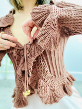 Load image into Gallery viewer, Vintage Caramel Color Crochet Cardigan with Scalloped Flounce
