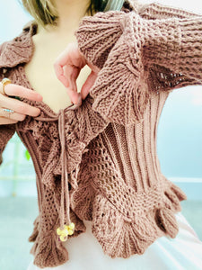 Vintage Caramel Color Crochet Cardigan with Scalloped Flounce
